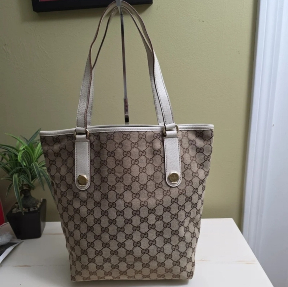 Gucci |  Charmy GG Canvas Tote with White Leather Trim and Handles